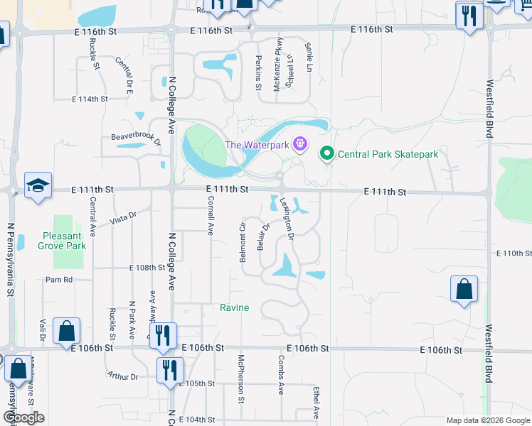 map of restaurants, bars, coffee shops, grocery stores, and more near 10875 Santa Anita Court in Indianapolis