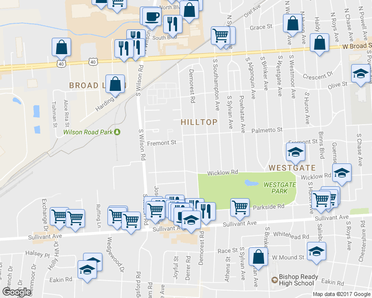 map of restaurants, bars, coffee shops, grocery stores, and more near 296 Derrer Road in Columbus