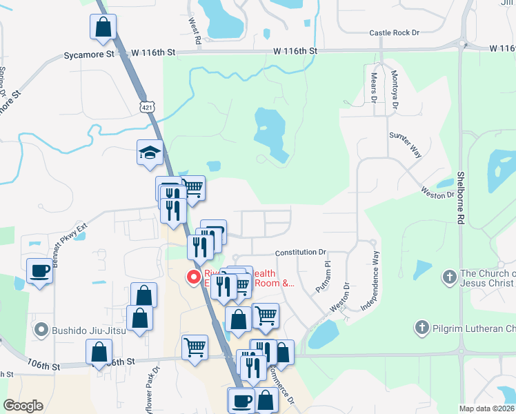 map of restaurants, bars, coffee shops, grocery stores, and more near 4056 Much Marcle Drive in Zionsville