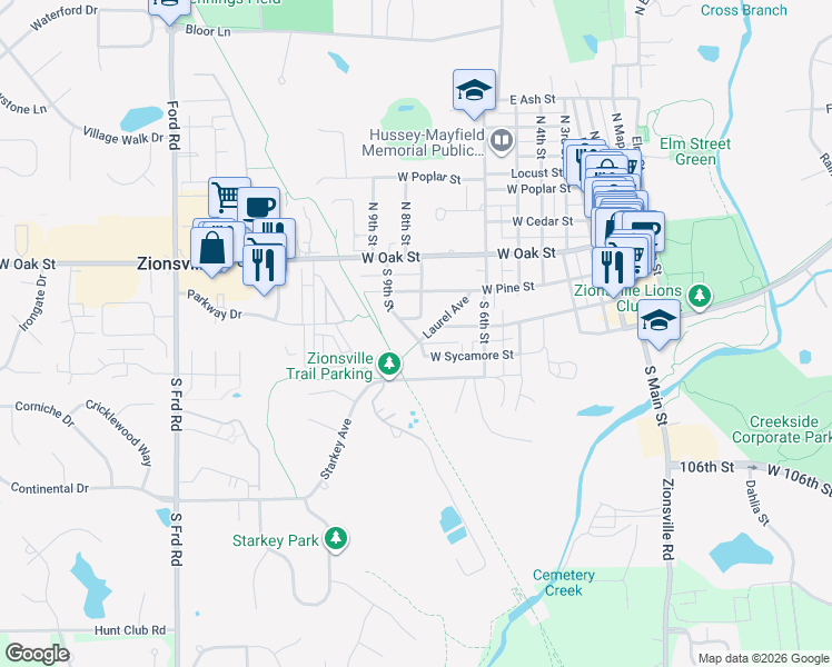 map of restaurants, bars, coffee shops, grocery stores, and more near 780 Laurel Avenue in Zionsville
