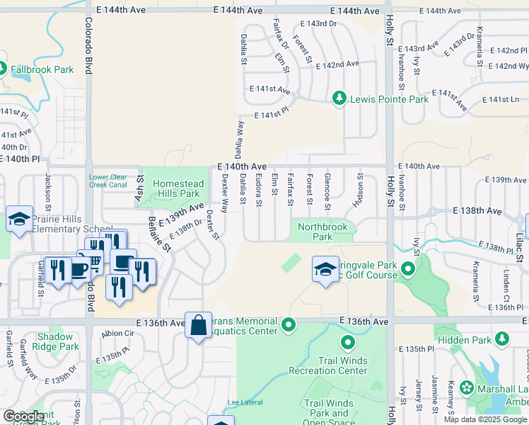 map of restaurants, bars, coffee shops, grocery stores, and more near 13876 Eudora Street in Thornton