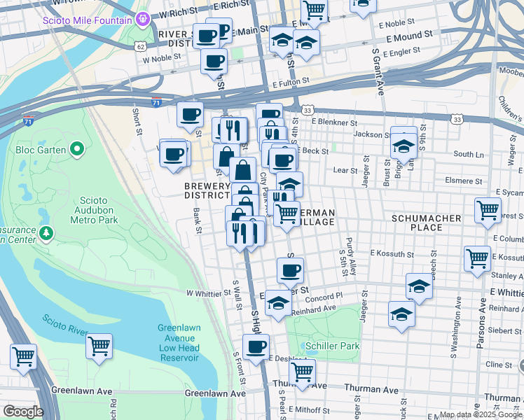 map of restaurants, bars, coffee shops, grocery stores, and more near 43 Stimmel Street in Columbus