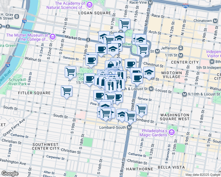 map of restaurants, bars, coffee shops, grocery stores, and more near in Philadelphia