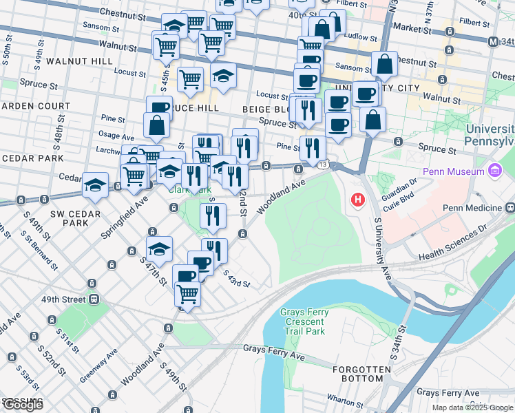 map of restaurants, bars, coffee shops, grocery stores, and more near 4100 Woodland Avenue in Philadelphia