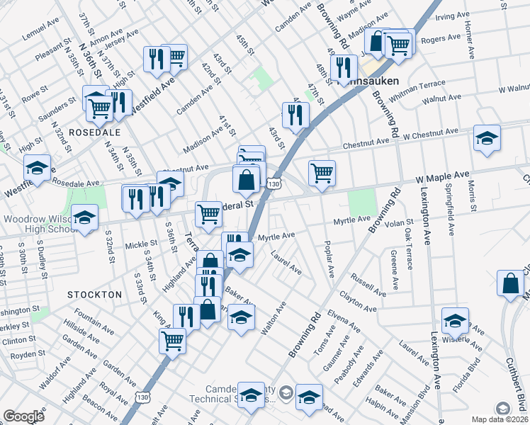 map of restaurants, bars, coffee shops, grocery stores, and more near 20 South 41st Street in Camden