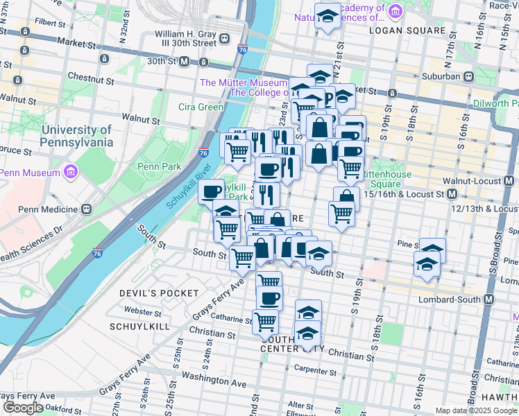 map of restaurants, bars, coffee shops, grocery stores, and more near 2310 Delancey Place in Philadelphia