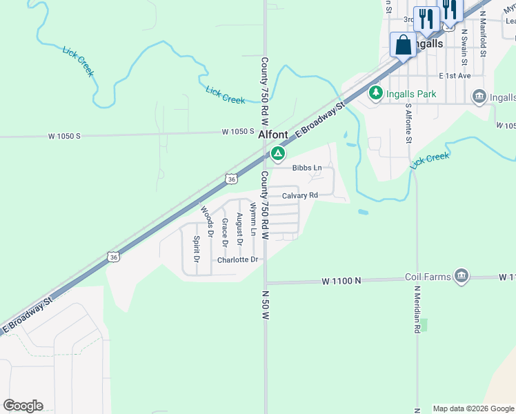 map of restaurants, bars, coffee shops, grocery stores, and more near 10748 Wymm Lane in Ingalls