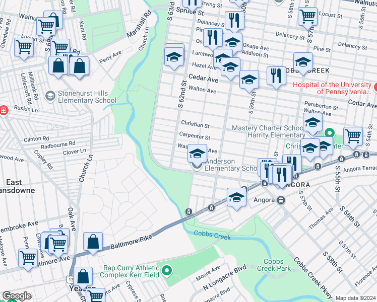 map of restaurants, bars, coffee shops, grocery stores, and more near 6116 Washington Avenue in Philadelphia