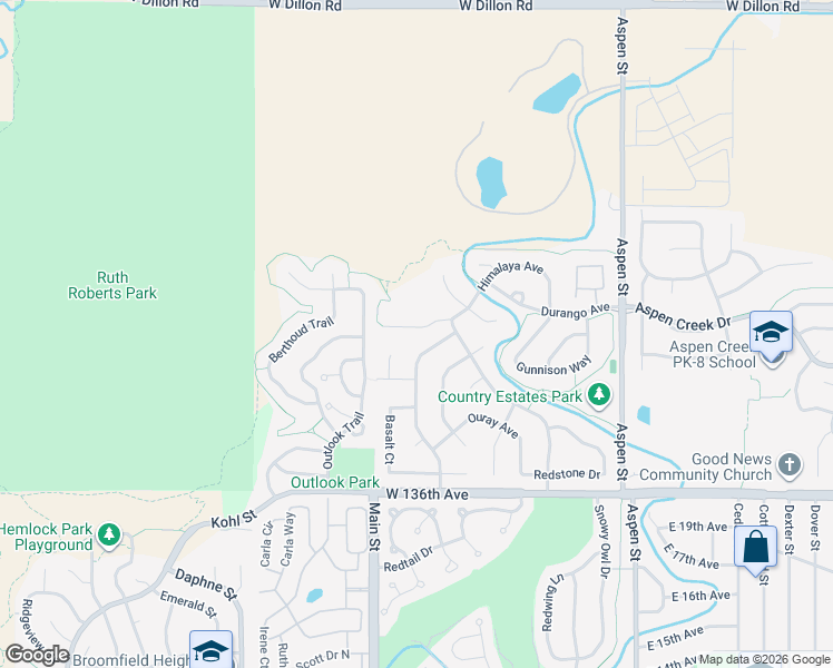 map of restaurants, bars, coffee shops, grocery stores, and more near 260 Himalaya Avenue in Broomfield