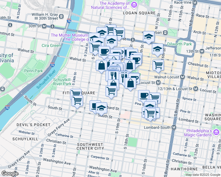 map of restaurants, bars, coffee shops, grocery stores, and more near 1928 Spruce Street in Philadelphia