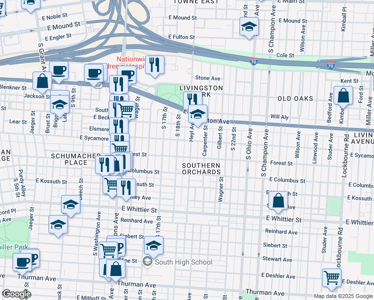 map of restaurants, bars, coffee shops, grocery stores, and more near 805 Heyl Avenue in Columbus
