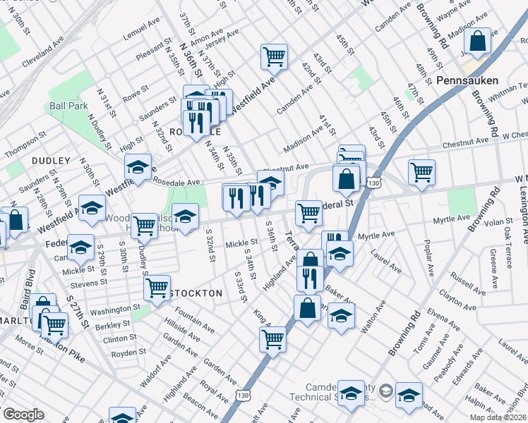 map of restaurants, bars, coffee shops, grocery stores, and more near 3501 Federal Street in Camden