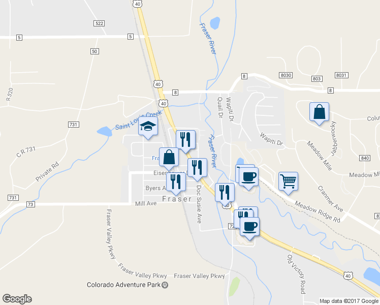 map of restaurants, bars, coffee shops, grocery stores, and more near 406 Zerex Street in Granby