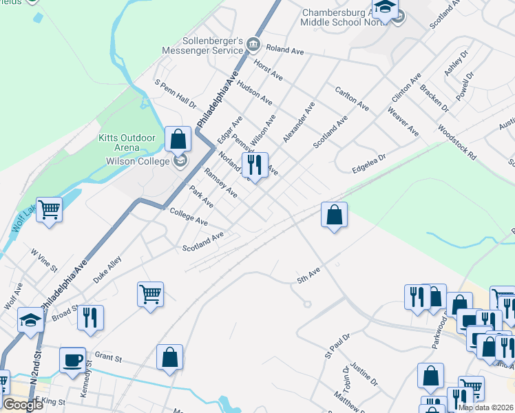map of restaurants, bars, coffee shops, grocery stores, and more near 1220 Scotland Avenue in Chambersburg