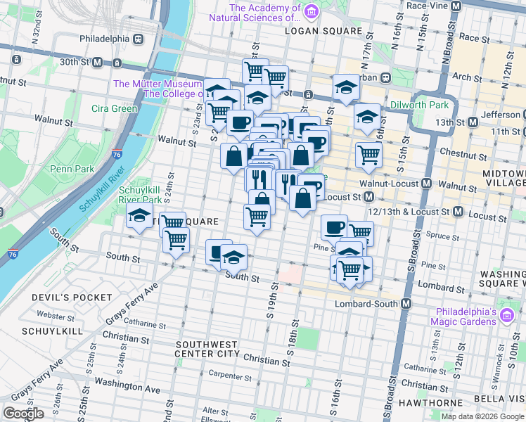 map of restaurants, bars, coffee shops, grocery stores, and more near 301 South 20th Street in Philadelphia