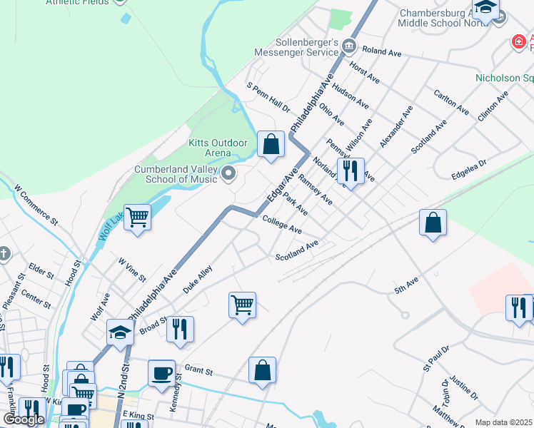 map of restaurants, bars, coffee shops, grocery stores, and more near 1038 Edgar Avenue in Chambersburg
