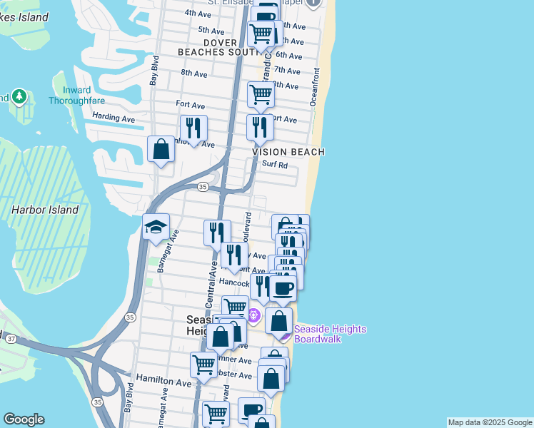 map of restaurants, bars, coffee shops, grocery stores, and more near 61 Hiering Avenue in Seaside Heights