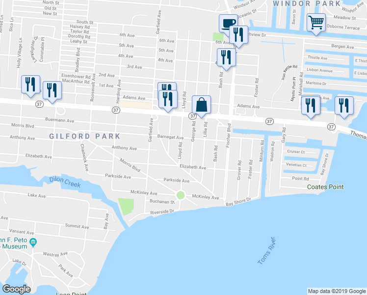 map of restaurants, bars, coffee shops, grocery stores, and more near 111 Lloyd Road in Toms River