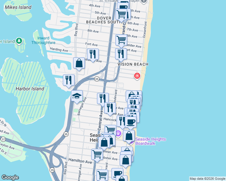 map of restaurants, bars, coffee shops, grocery stores, and more near 1515 Ocean Boulevard in Seaside Heights