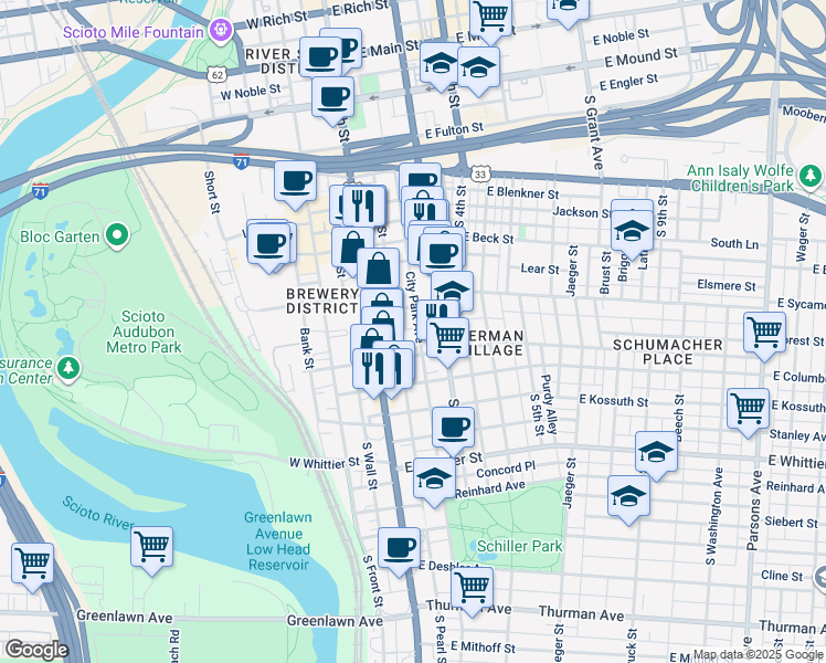map of restaurants, bars, coffee shops, grocery stores, and more near 697 City Park Avenue in Columbus