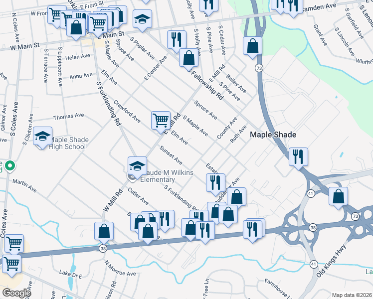 map of restaurants, bars, coffee shops, grocery stores, and more near 446 Elm Avenue in Maple Shade