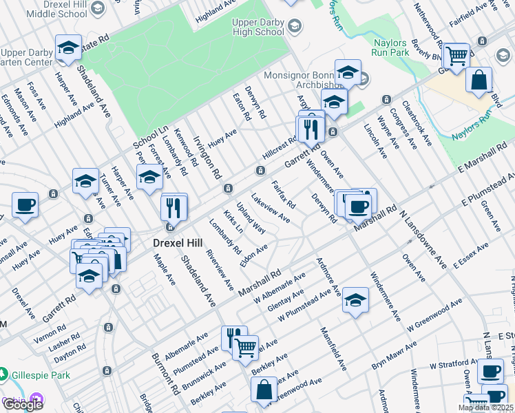 map of restaurants, bars, coffee shops, grocery stores, and more near 384 Lakeview Avenue in Drexel Hill