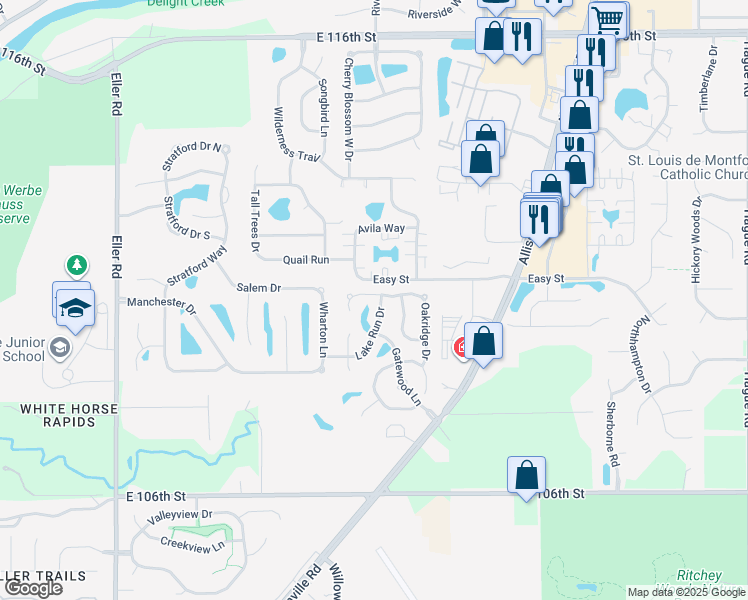 map of restaurants, bars, coffee shops, grocery stores, and more near 7189 Woodgate Drive in Fishers
