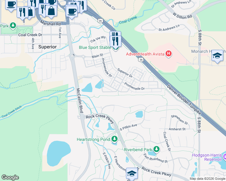 map of restaurants, bars, coffee shops, grocery stores, and more near 626 Discovery Parkway in Superior