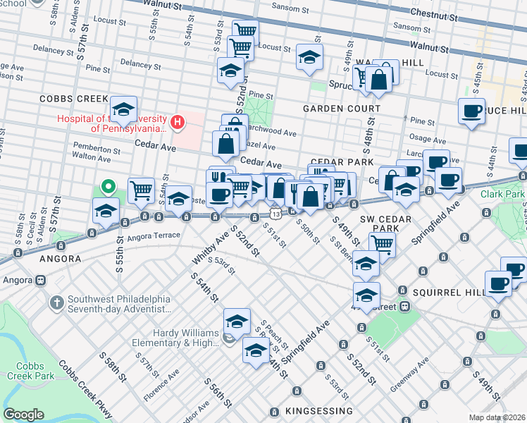 map of restaurants, bars, coffee shops, grocery stores, and more near 5047 Baltimore Avenue in Philadelphia