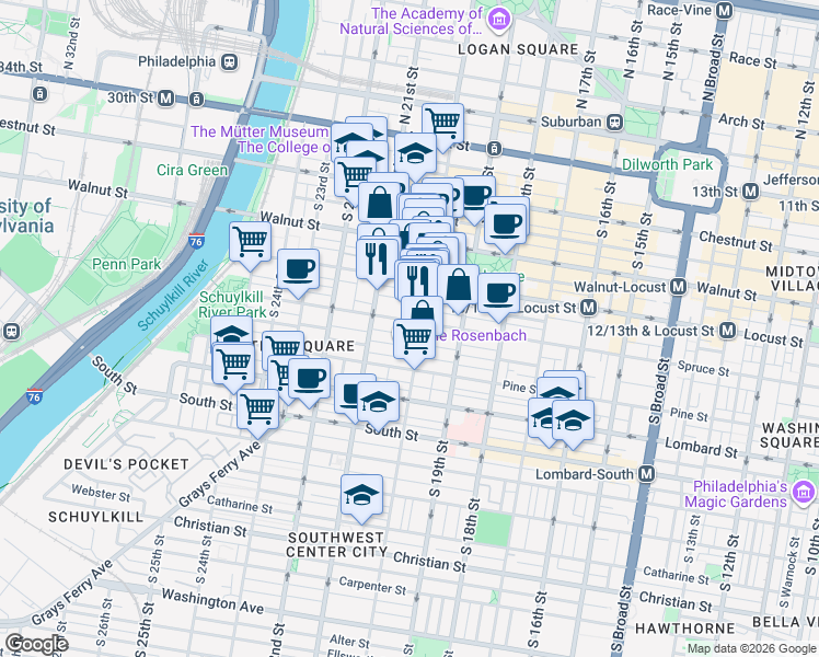 map of restaurants, bars, coffee shops, grocery stores, and more near 2023 Cypress Street in Philadelphia