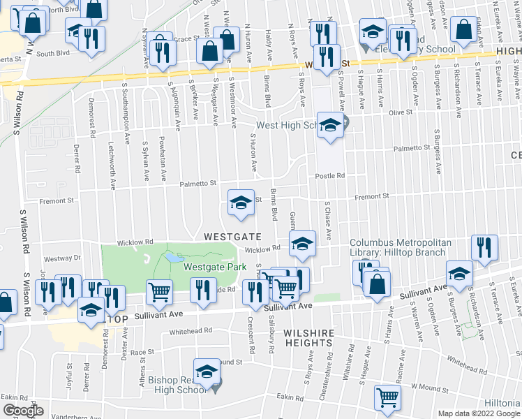 map of restaurants, bars, coffee shops, grocery stores, and more near 318 South Huron Avenue in Columbus