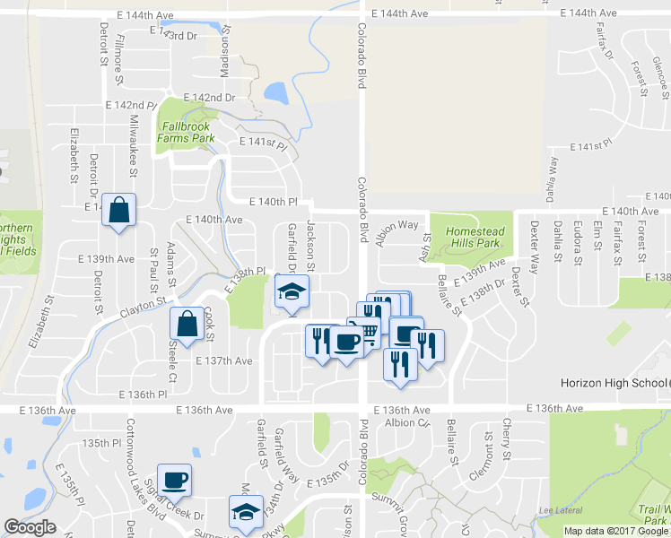 map of restaurants, bars, coffee shops, grocery stores, and more near 13908 Harrison Drive in Thornton