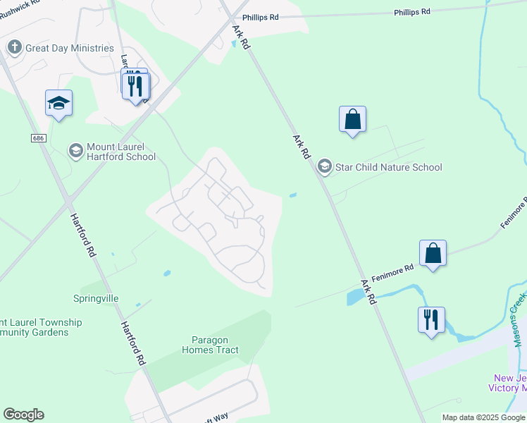 map of restaurants, bars, coffee shops, grocery stores, and more near 4505A Albridge Way in Mount Laurel Township