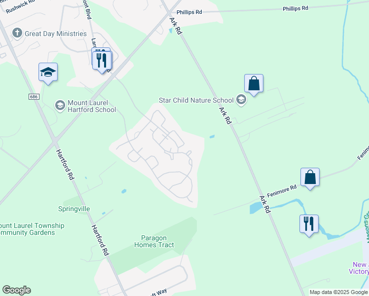 map of restaurants, bars, coffee shops, grocery stores, and more near 4505A Albridge Way in Mount Laurel Township