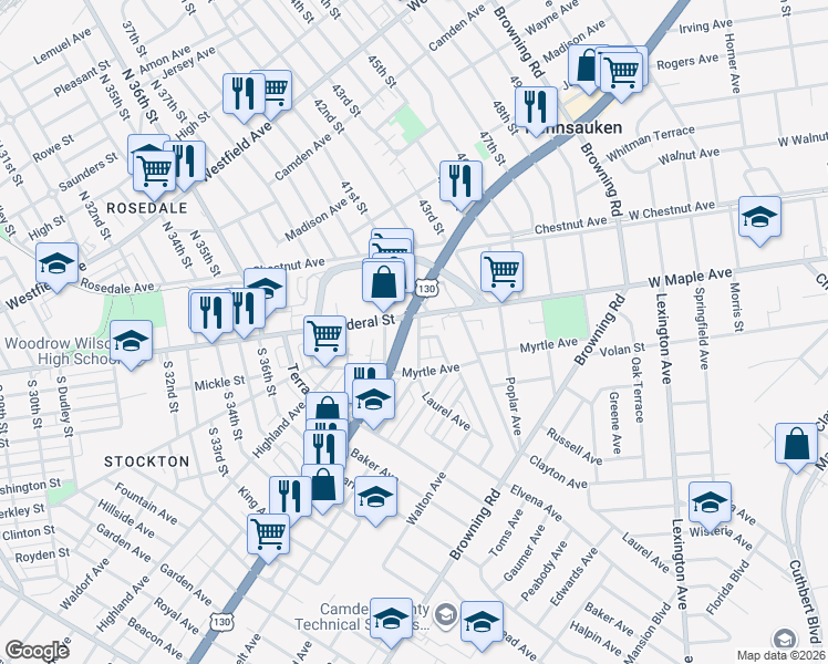 map of restaurants, bars, coffee shops, grocery stores, and more near 20 South 41st Street in Camden