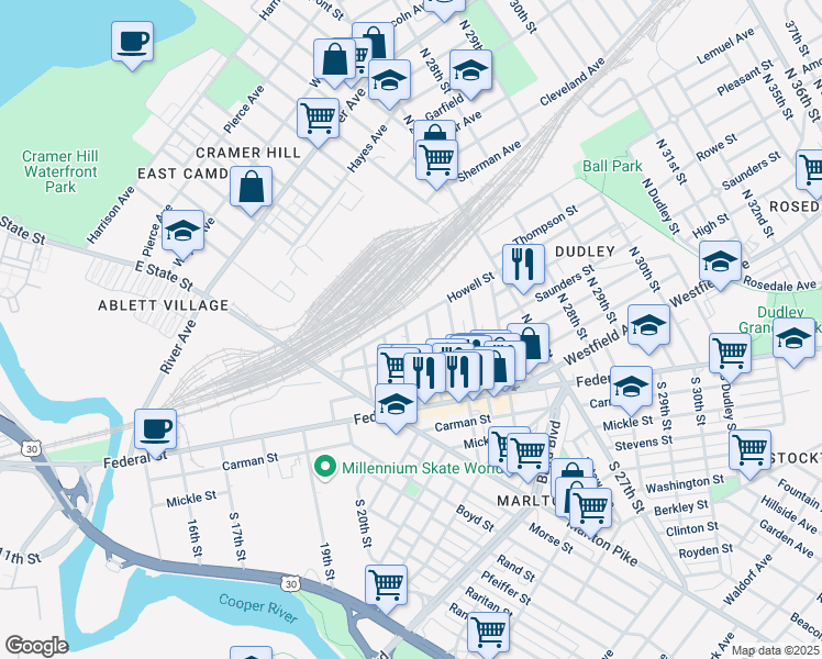 map of restaurants, bars, coffee shops, grocery stores, and more near 133 North 22nd Street in Camden