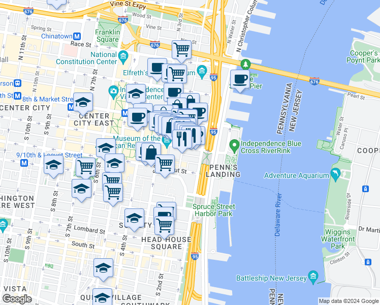 map of restaurants, bars, coffee shops, grocery stores, and more near 122-24 Chestnut Street in Philadelphia