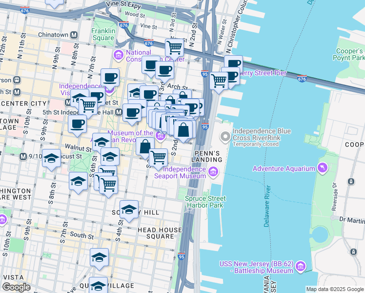 map of restaurants, bars, coffee shops, grocery stores, and more near 107 South 2nd Street in Philadelphia