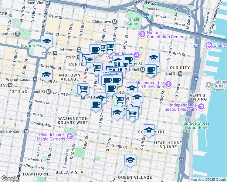 map of restaurants, bars, coffee shops, grocery stores, and more near 709 Walnut Street in Philadelphia