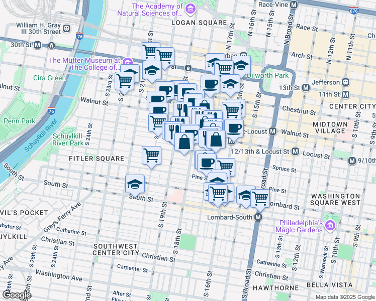 map of restaurants, bars, coffee shops, grocery stores, and more near 237 South 18th Street in Philadelphia