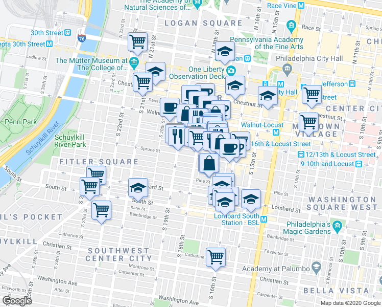 map of restaurants, bars, coffee shops, grocery stores, and more near 237 South 18th Street in Philadelphia