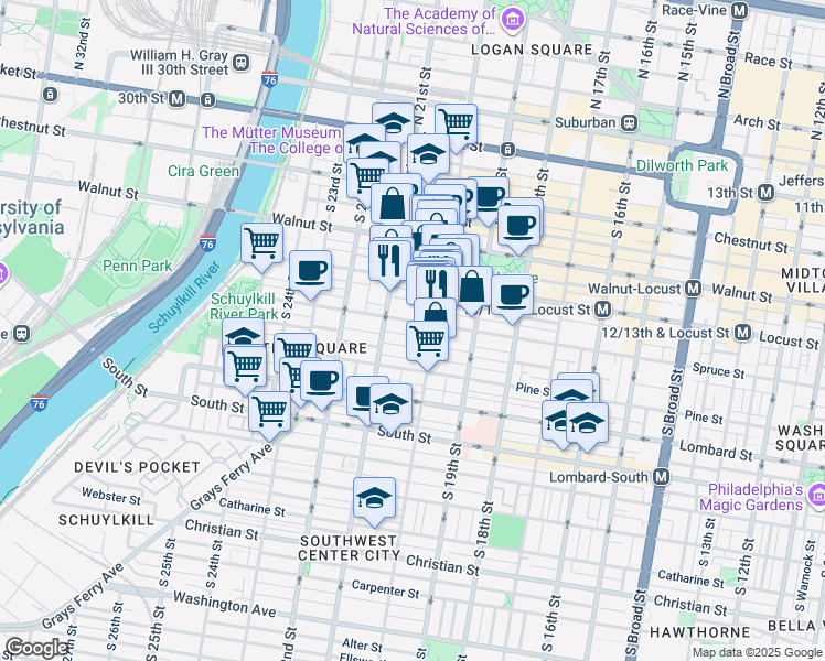 map of restaurants, bars, coffee shops, grocery stores, and more near 2023 Cypress Street in Philadelphia