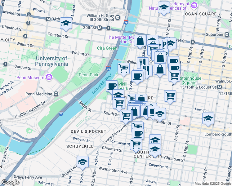 map of restaurants, bars, coffee shops, grocery stores, and more near 2501 Panama Street in Philadelphia