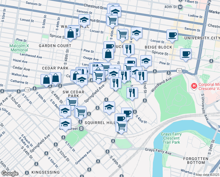 map of restaurants, bars, coffee shops, grocery stores, and more near 4400 Baltimore Avenue in Philadelphia