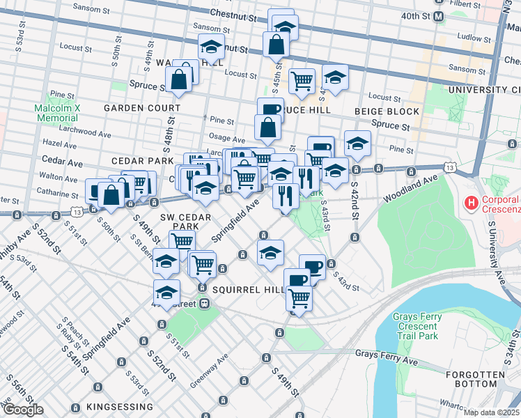 map of restaurants, bars, coffee shops, grocery stores, and more near 4500 Springfield Avenue in Philadelphia