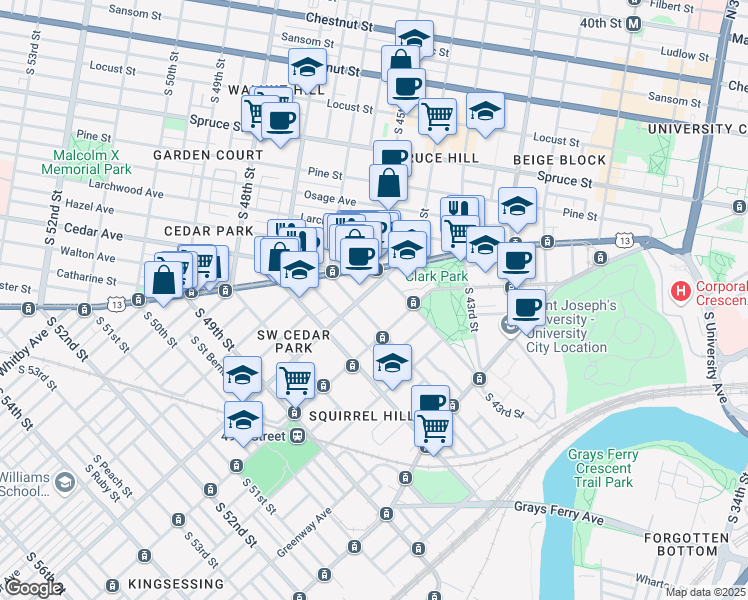 map of restaurants, bars, coffee shops, grocery stores, and more near 4500 Springfield Avenue in Philadelphia