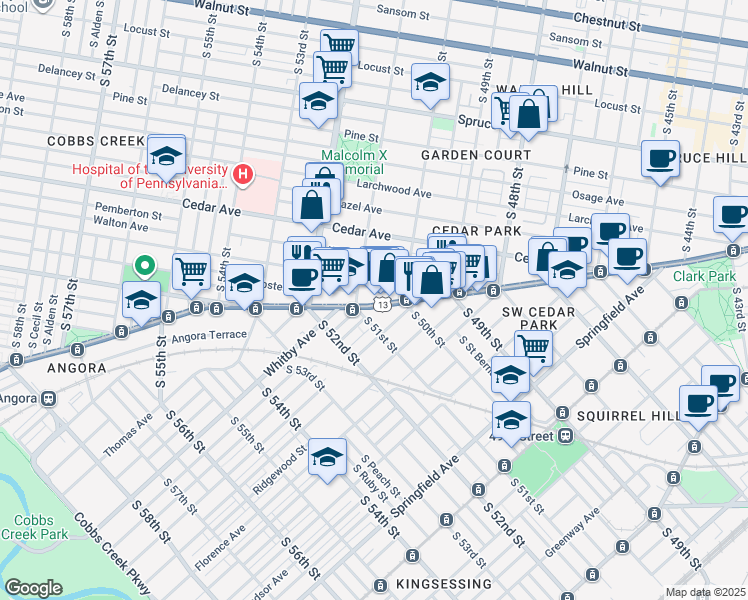 map of restaurants, bars, coffee shops, grocery stores, and more near 5047 Baltimore Avenue in Philadelphia