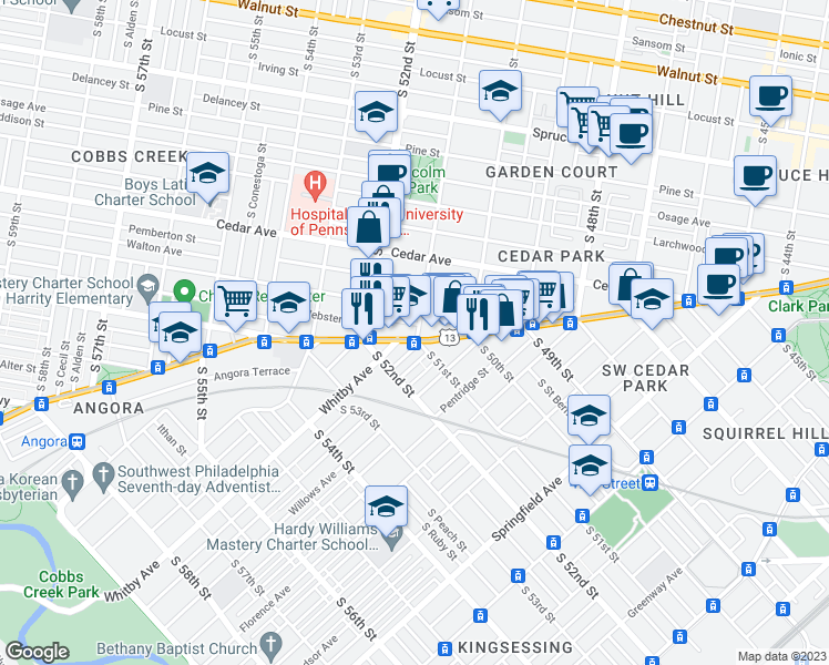 map of restaurants, bars, coffee shops, grocery stores, and more near 5047 Baltimore Avenue in Philadelphia