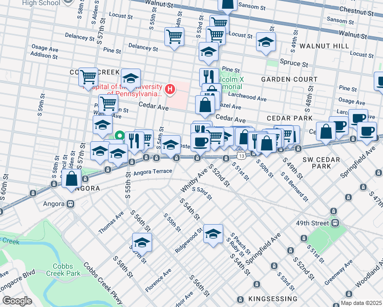 map of restaurants, bars, coffee shops, grocery stores, and more near 5225 Baltimore Avenue in Philadelphia