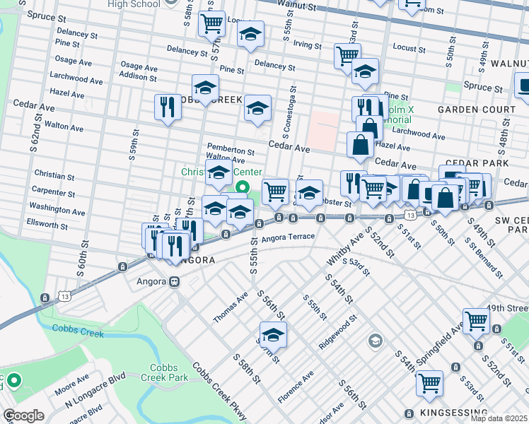 map of restaurants, bars, coffee shops, grocery stores, and more near 5417 Baltimore Avenue in Philadelphia